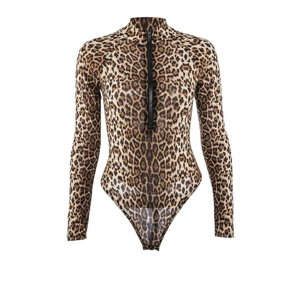 One Piece Swimsuit Leopard print long sleeve rash guard surf suit front zip - Picture 9 of 11